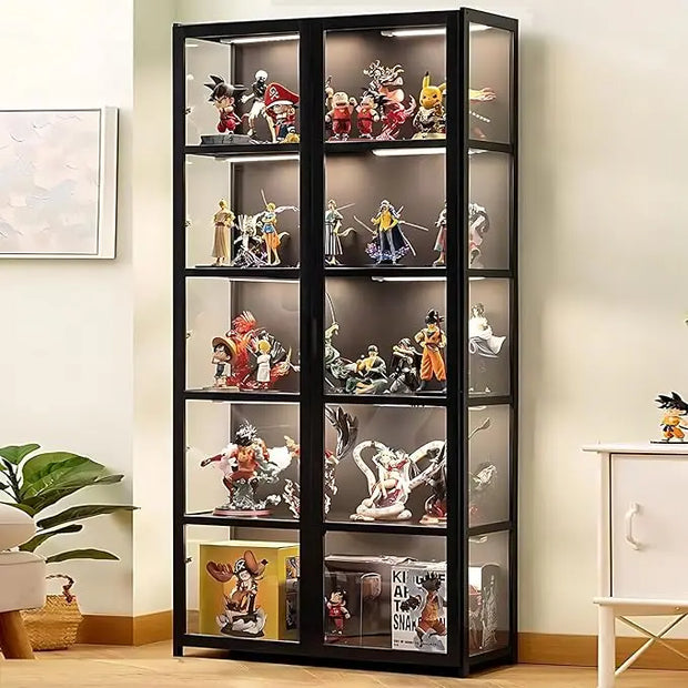 Curio display cabinet with 5-tier acrylic glass shelves showcasing collectibles in a modern living room setting.