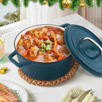 Cast iron Dutch oven with lid, perfect for baking, braising, and roasting, featuring even heat distribution and durability.