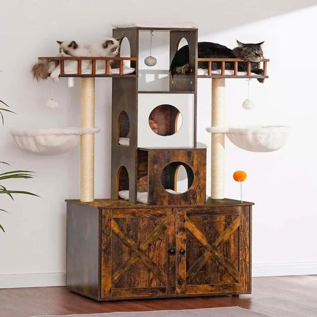 Cat tree with litter box enclosure featuring multiple perches and sisal-wrapped pillars for cats.