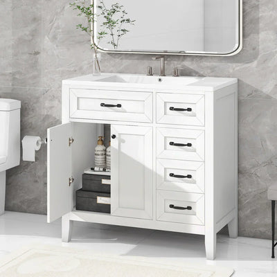 Bathroom vanity with sink combo, solid wood frame, 4 drawers, ceramic basin, white cabinet, black handles.