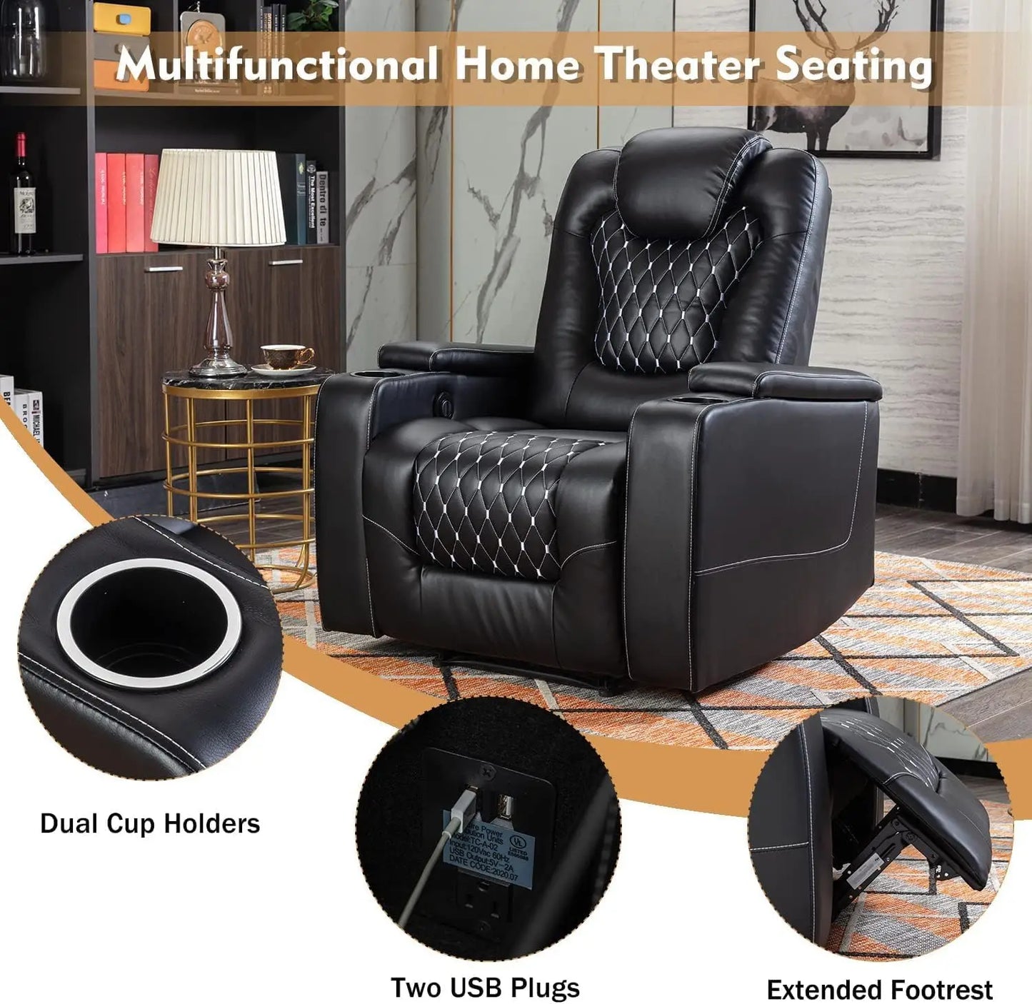 Overstuffed Electric Home Theater Seating PU Leather Reclining Furniture