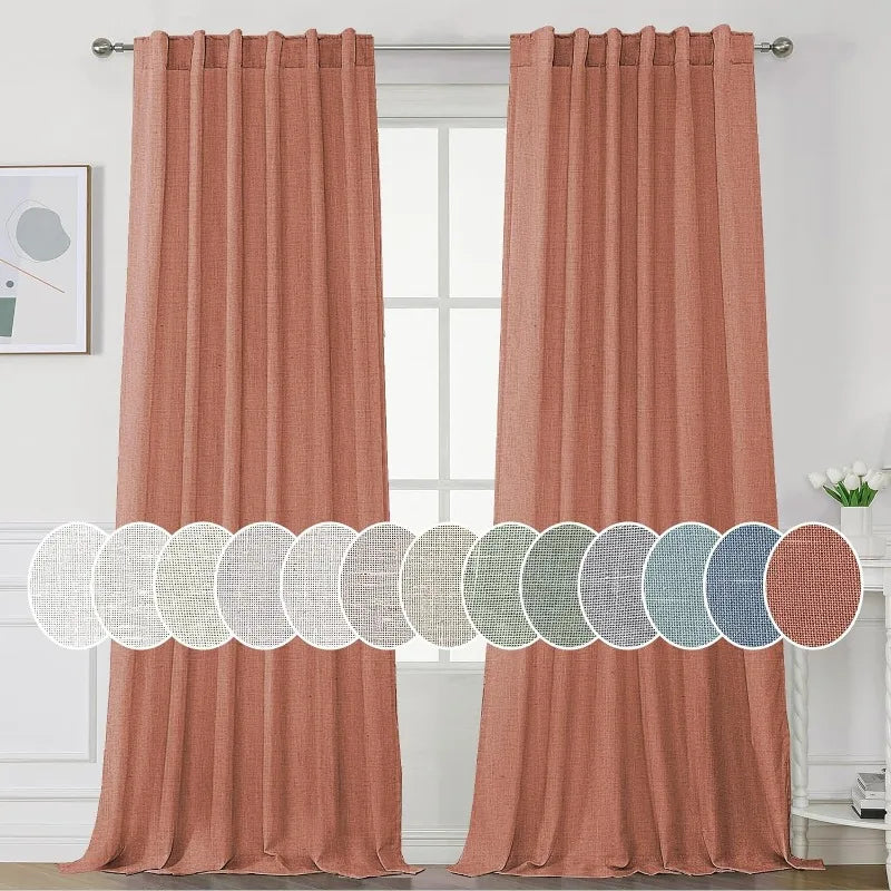 Natural Linen Curtains 108 inches Long for Living Room 2 Panels Back Tab Loop Pocket Linen Textured Light Filtering