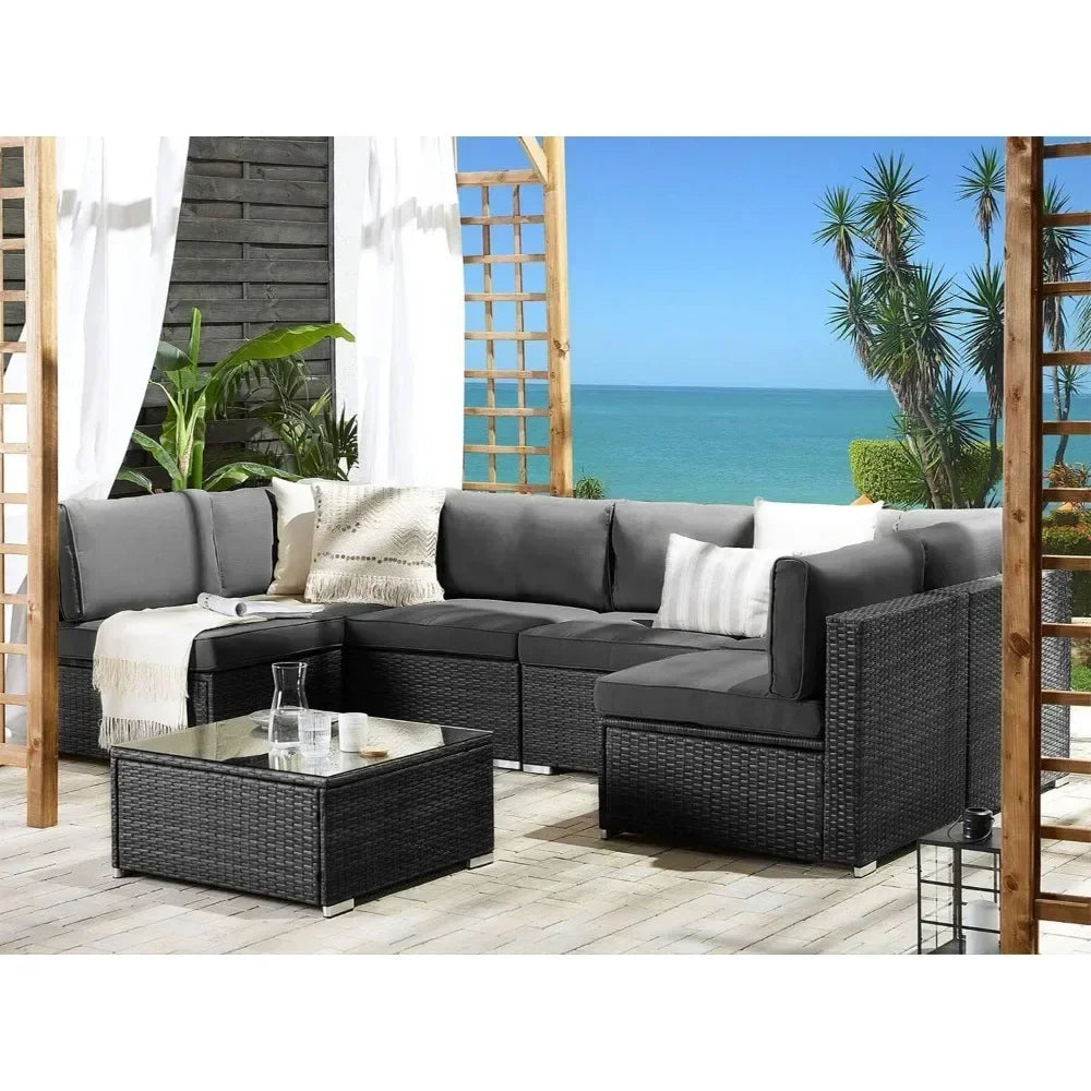 Outdoor Furniture 7Piec Set, Wicker Sectional