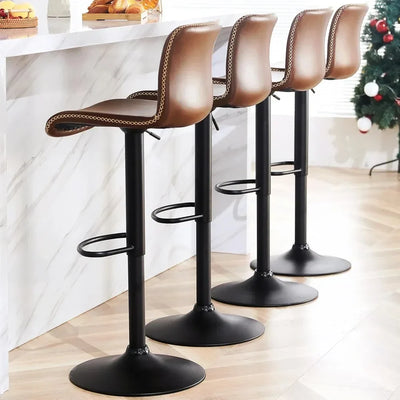 Bar stools set of 4, adjustable swivel counter height in whiskey brown faux leather with backrest.