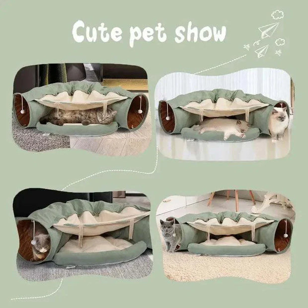 Plush bed with tunnel for indoor cats, providing entertainment and cozy relaxation.