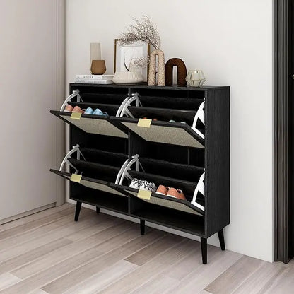 Natural Rattan Cabinet with 3 Flip Drawers, Free Standing Modern 3-Tier Shoe Storage Rack for Heels, Slippers