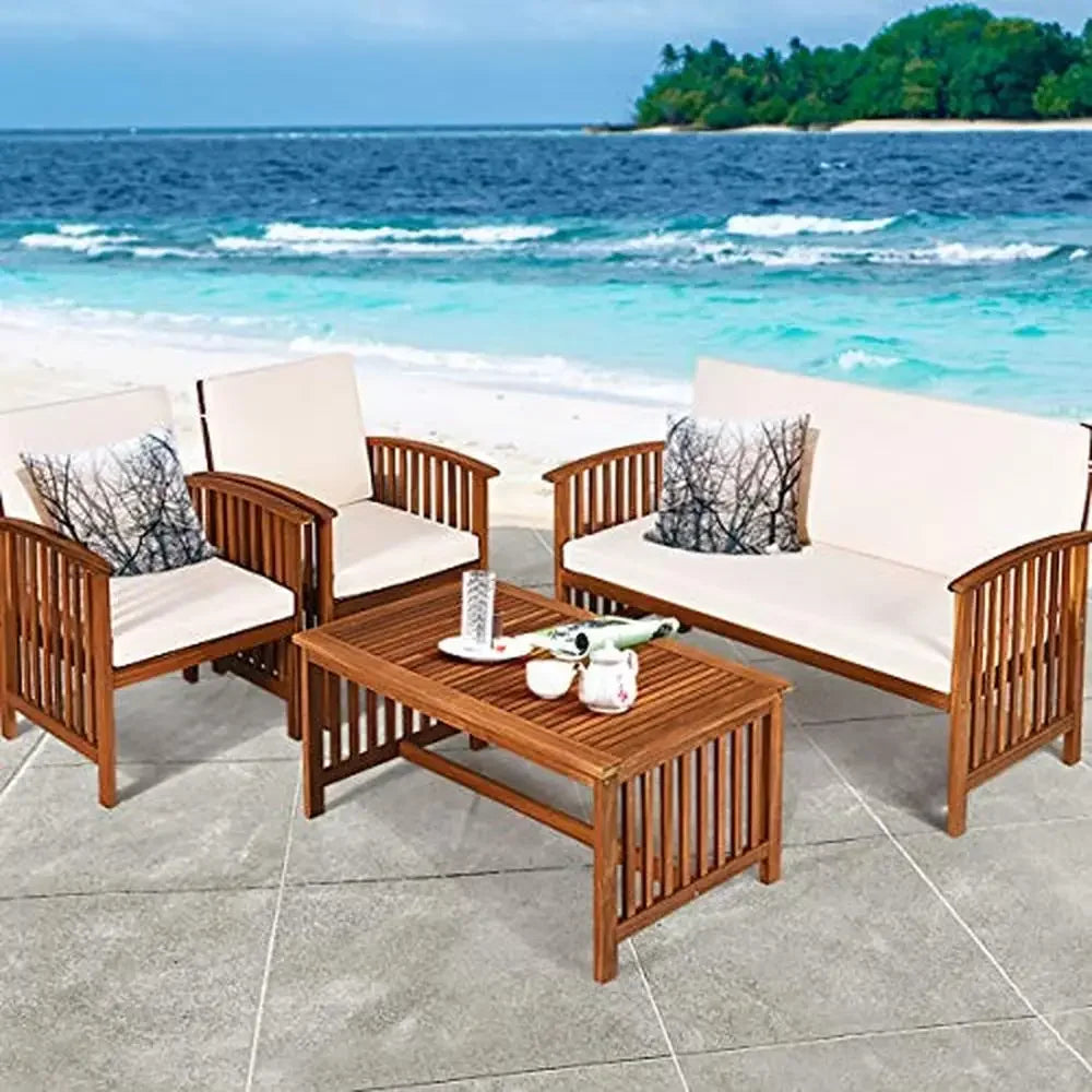 4-Piece Outdoor Acacia Wood Sofa Set and Coffee Table