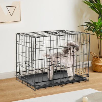 Double door folding metal wire dog cage with a plastic leak-proof pan, featuring a poodle inside; ideal for pet safety and comfort.