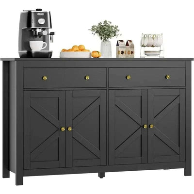 Black, large buffet cabinet with farmhouse style, adjustable shelves, and ample storage for customizable organization.