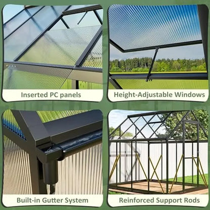 Aluminum Polycarbonate Greenhouse Quick Setup Structure Vent Walk-in  Garden 6x7.5 FT Swift Build Stable Durable UV Coating