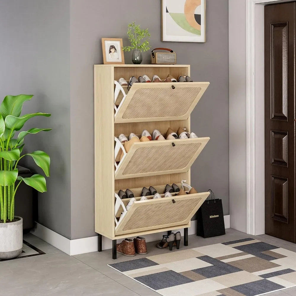 Natural Rattan Cabinet with 3 Flip Drawers, Free Standing Modern 3-Tier Shoe Storage Rack for Heels, Slippers