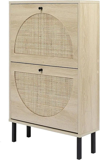 Natural Rattan Cabinet with 3 Flip Drawers, Free Standing Modern 3-Tier Shoe Storage Rack for Heels, Slippers