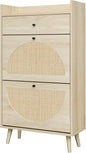 Natural Rattan Cabinet with 3 Flip Drawers, Free Standing Modern 3-Tier Shoe Storage Rack for Heels, Slippers