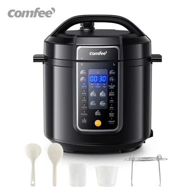 COMFEE’ 6 Quart 9-in-1 Electric Pressure Cooker with accessories and digital display.