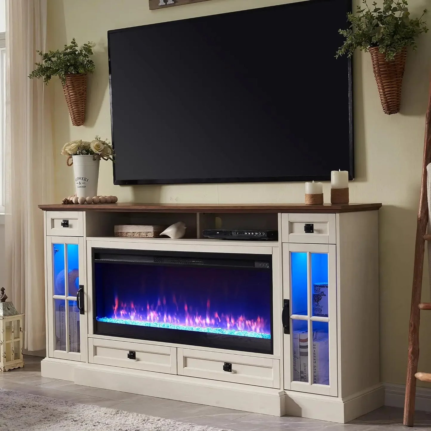 Farmhouse Entertainment Center with 42" Fireplace & LED Lights