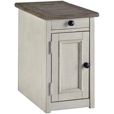 Farmhouse end table with outlets and USB ports, ideal for small spaces.