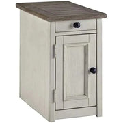 Farmhouse end table with built-in outlets and USB ports.