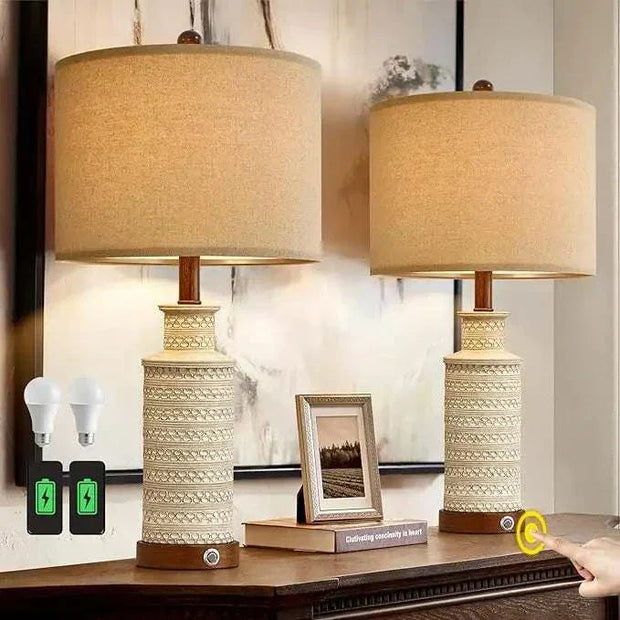 24-inch Farmhouse Traditional Table Lamp Set of 2 with USB charging and touch control.