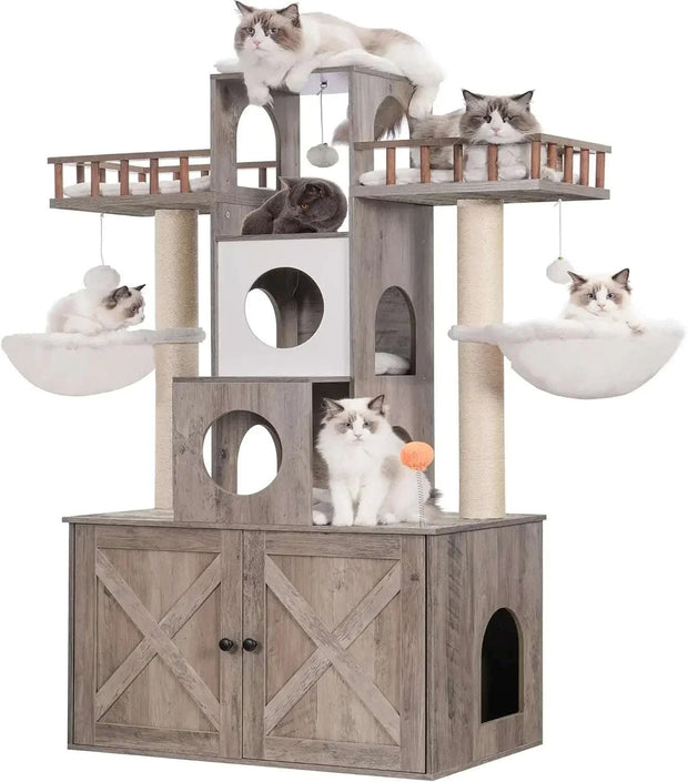Cat tree with litter box enclosure featuring multiple perches and sisal-covered pillars for active cats.