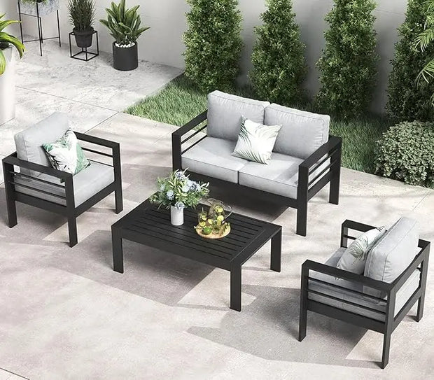 5 pieces patio sectional sofa with fire pit table on stylish outdoor setting.