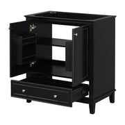 Bathroom vanity with ceramic sink, storage cabinet with doors and drawer, and adjustable shelf.