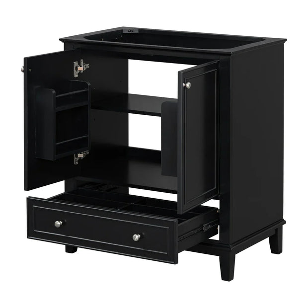 Bathroom vanity with ceramic sink, storage cabinet with doors and drawer, and adjustable shelf.