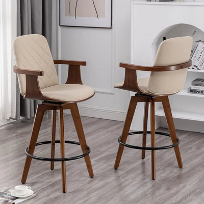 Bar stools set of 2, upholstered faux leather, mid-century style, swivel, wooden frame, counter height.