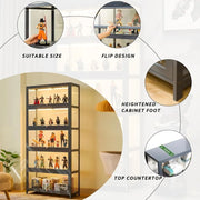 Curio display cabinet with 5-tier acrylic glass shelves showcasing collectibles in a modern living room setting.