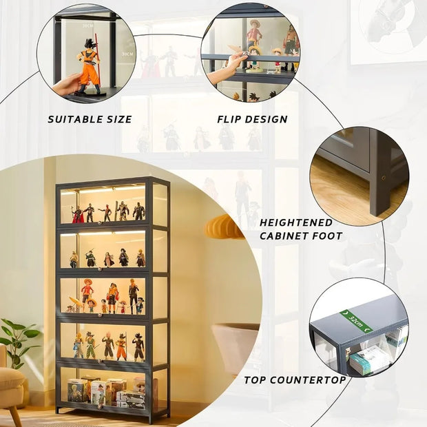 Curio display cabinet with 5-tier acrylic glass shelves showcasing collectibles in a modern living room setting.