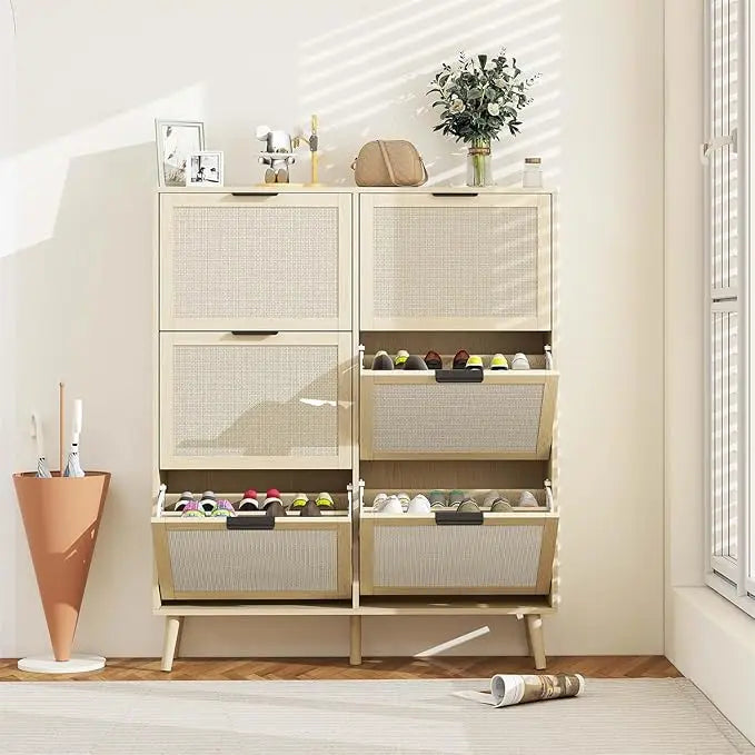 Natural Rattan Cabinet with 3 Flip Drawers, Free Standing Modern 3-Tier Shoe Storage Rack for Heels, Slippers