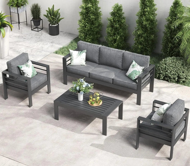 5 pieces patio sectional sofa with fire pit table on stylish outdoor setting.