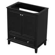 Bathroom vanity with ceramic sink, storage cabinet with doors and drawer, and adjustable shelf.