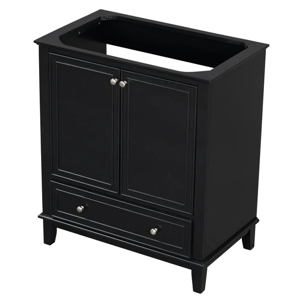 Bathroom vanity with ceramic sink, storage cabinet with doors and drawer, and adjustable shelf.