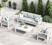 5 pieces patio sectional sofa with fire pit table on stylish outdoor setting.