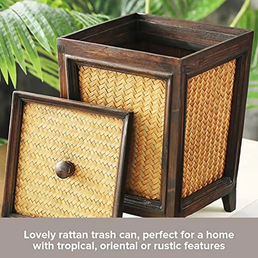 Hand-Woven Rattan Trash Can