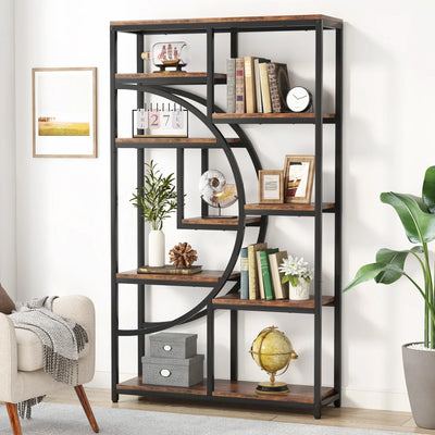 Freestanding tall bookshelves with geometric design, black metal frame, and rustic brown shelves, offering storage for books and decor.