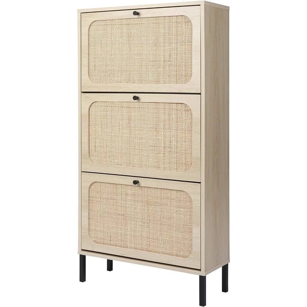 Natural Rattan Cabinet with 3 Flip Drawers, Free Standing Modern 3-Tier Shoe Storage Rack for Heels, Slippers