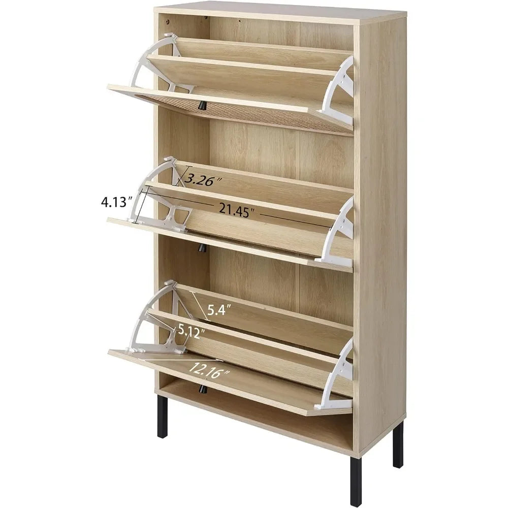 Natural Rattan Cabinet with 3 Flip Drawers, Free Standing Modern 3-Tier Shoe Storage Rack for Heels, Slippers