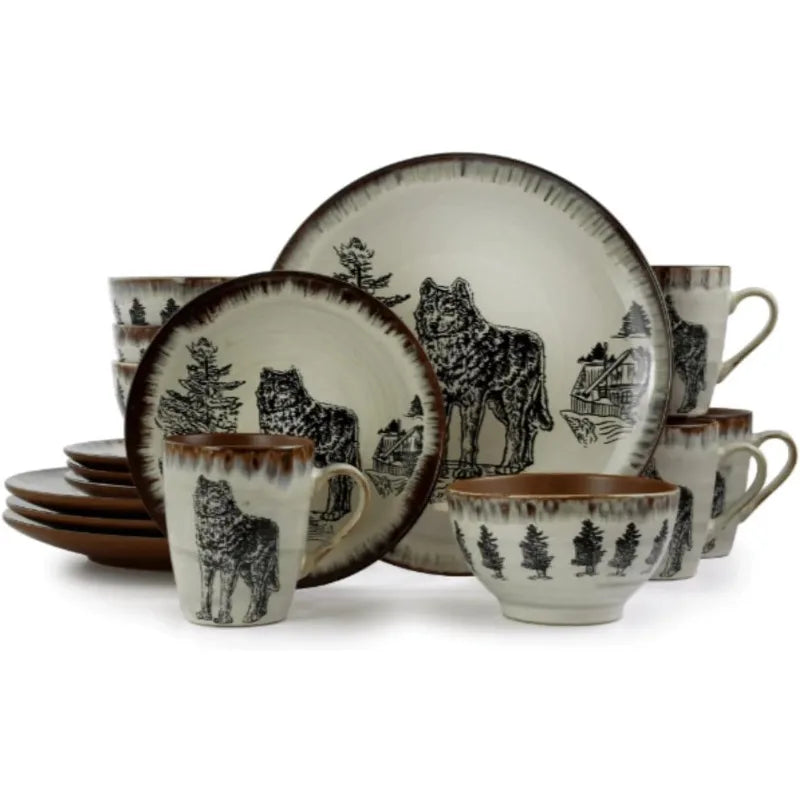 Round Stoneware Cabin Dinnerware Dish Set, 16 Piece, Warm Taupe and Brown Accents