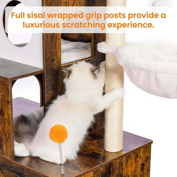 Cat tree with sisal-wrapped posts and cozy hammock for cats.