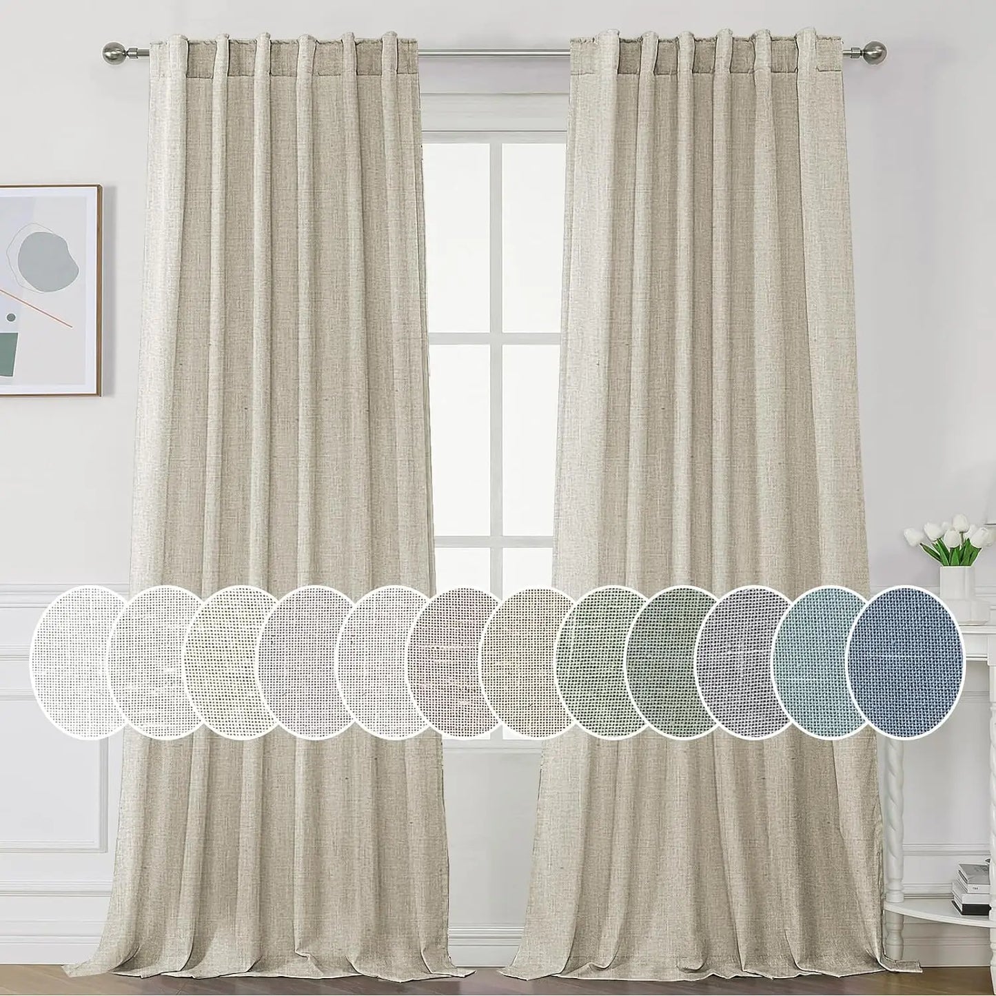 Natural Linen Curtains 108 inches Long for Living Room 2 Panels Back Tab Loop Pocket Linen Textured Light Filtering