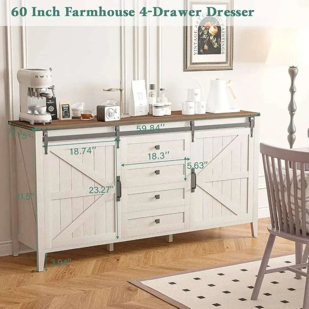 60-inch farmhouse dresser with 4 drawers, sliding doors, and adjustable shelves.