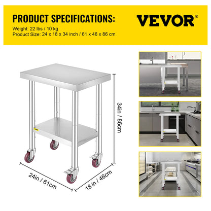 Stainless Steel Kitchen Worktable with Caster Wheels