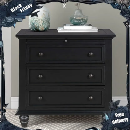 Black Wood Nightstand With 3 Storage Drawers