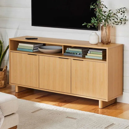 Natural Pine Wood Media Console Storage Cabinet