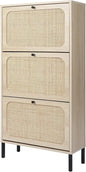 Natural Rattan Cabinet with 3 Flip Drawers, Free Standing Modern 3-Tier Shoe Storage Rack for Heels, Slippers