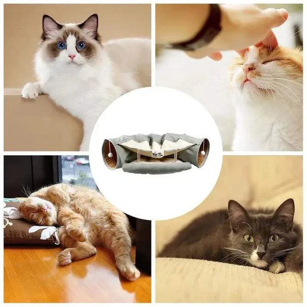 Plush bed with tunnel for indoor cats, offering a cozy and playful design.
