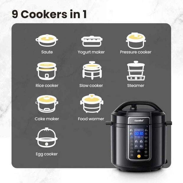 COMFEE’ 6 Quart 9-in-1 Electric Pressure Cooker with 9 cooking functions displayed.