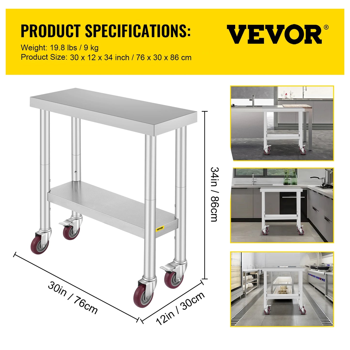 Stainless Steel Kitchen Worktable with Caster Wheels