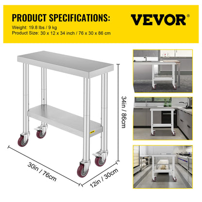 Stainless Steel Kitchen Worktable with Caster Wheels